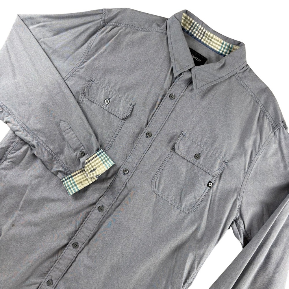 Marmot Men's XL Grey Long Sleeve Button Up Shirt Plaid Trim Pockets‎ Outdoor